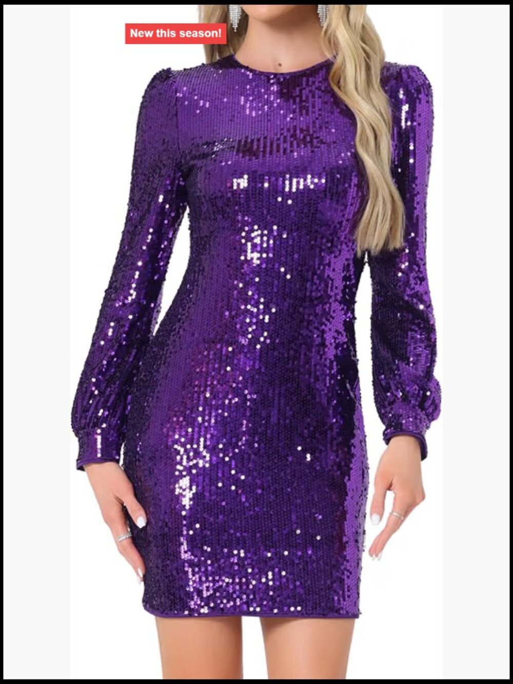 Sequin Bodycon Mini Dress Long Lantern Sleeve Party Cocktail Sparkly Glitter